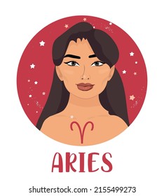 Illustration of Aries astrological sign as a beautiful girl. Zodiac vector illustration isolated on white. Future telling, horoscope, alchemy, spirituality, occultism, fashion woman.