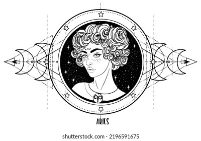 Illustration of Aries astrology sign as a beautiful girl over sacred geometry frame. Zodiac vector drawing isolated in black and white. Future telling, horoscope, spirituality. Coloring book.