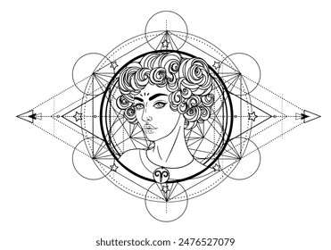 Illustration of Aries astrology sign as a beautiful girl over sacred geometry frame. Zodiac vector drawing isolated in black and white. Future telling, horoscope, spirituality.