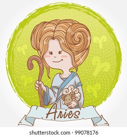 Illustration of Aries zodiac sign in cute cartoon style as a girl holding a sheep and dressed like shepherd