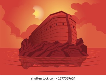 An illustration of Noah’s Ark and the ark after the great flood. Bible series