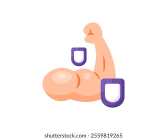 illustration of an arm showing biceps muscle with shield. strength and endurance. muscular. gym and fitness. flat style design. elements