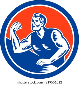 Illustration of an arm wrestling champion flexing muscles viewed from front set inside circle on isolated background done in retro woodcut style.