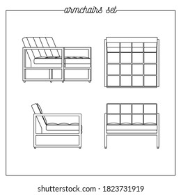 Illustration of an armchair in different perspectives. Linear sketch. Vector illustration.