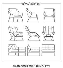 Illustration of an armchair in different perspectives. Linear sketch. Vector illustration.