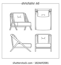 Illustration of an armchair in different perspectives. Linear sketch. Vector illustration.