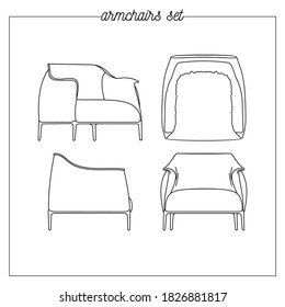 Ilustración de un sillón desde diferentes perspectivas. Esbozo lineal. Ilustración vectorial.