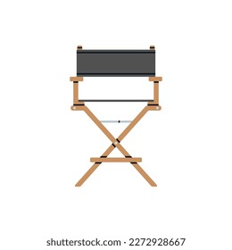 Illustration of an armchair for film director. Wooden chair with textile seat, studio furniture. Professional equipment for production process. Vector illustration isolated on white background