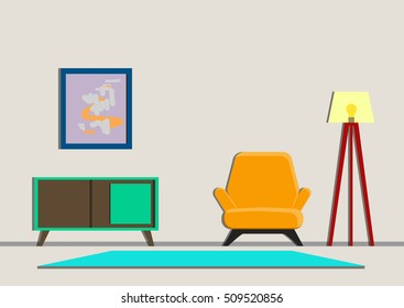 Illustration of armchair, floor lamp, dresser, picture and a carpet. Modern interior. Flat vector illustration
