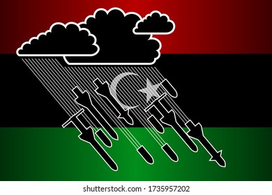 Illustration for armed, military conflict, war and confrontation in Libya. From a thundercloud, rain pours, falling from rockets, shells against the background of the flag of Libya. Vector horizontal