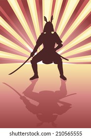 Illustration of an armored samurai on light burst background