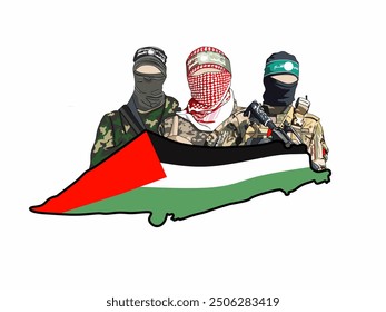 illustration of army design and map in the shape of the Palestinian flag and its Arabic meaning ( ليلى الله محمد رسول الله)There is no god but Allah, and Muhammad Allah is the Messenger of Allah