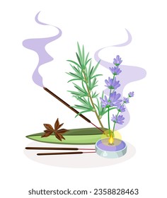 Illustration of aroma and spa accessories. Aromatic oils, air fresheners, see salts, aroma candles and perfume in a detailed style. Illustration for aromatherapy studio and massage salons.