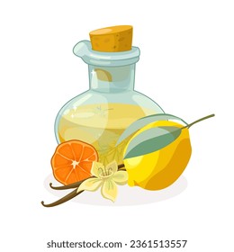 Illustration of aroma and spa accessories. Aromatic oils, air fresheners, see salts, aroma candles and perfume in a detailed style. Illustration for aromatherapy studio and massage salons.