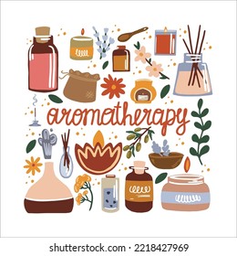 Illustration of aromatherapy and essential oils. Incense sticks, spa candles and herbs.