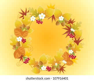 an illustration of an arrangement of autumn leaves acorns berries and flowers in a circle on a golden background