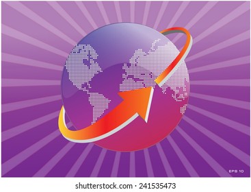 illustration of arrow around Earth map (world map in dotted style), easy to modify