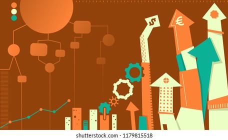 Illustration of Arrows and Graphs Going Up with Flowchart as Business Design