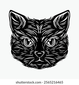 illustration art black and white cat head engraving style tattoo and t-shirt design