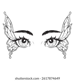 illustration art black and white hand drawn eyes with butterfly wings ornament tatoo and t-shirt design