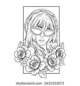 ilustração arte preto e branco mão desenhada menina usando óculos de sol e fone de cabeça com decoração de flores