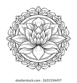 ilustração arte preto e branco mão desenhada flor de lótus e gravura tatuagem de ornamento e design de t-shirt