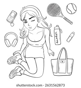 illustration art black and white hand drawn tennis girl character design