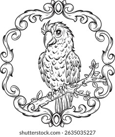 illustration art black and white hand drawn parrot bird with engraving ornament tattoo logo and t-shirt design