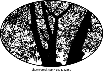illustration art of circle, silhouette, tree trunk and leaves, black and white, for printing, T shirt screen printing, t shirt, t shirt design, screen printing, screen print 