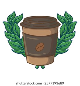 illustration art coffee cup with leaves vector design
