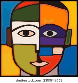 Illustration Art Cubist Style Head Man Face Colors Expression Painting Modern Drawing Fragments Psychology