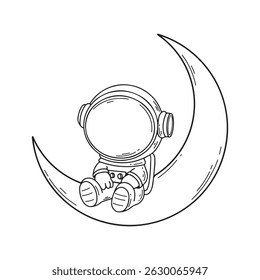 illustration art cute astronaut sitting on the moon vector line art character sticker design