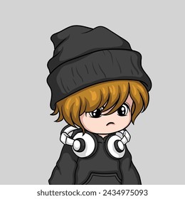 illustration art cute boy using beanie hat with headphone