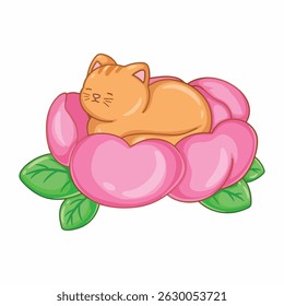 illustration art cute cat lying on the top of pink flower sticker design