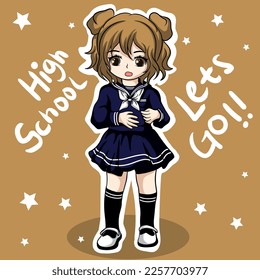 illustration art cute chibi girl using japanese uniform character design