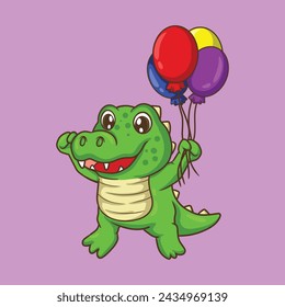 
illustration art cute crocodile carrying balloons  sticker