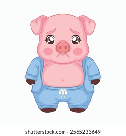 illustration art cute fat chubby pig sulky wearing blue pajamas sticker and t-shirt design