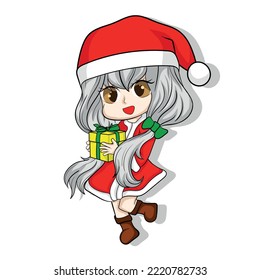 illustration art cute girl with santa costume with gift box character design