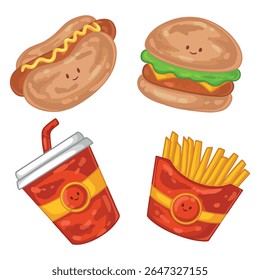 illustration art cute junk food burger, cola, hot dog sticker design