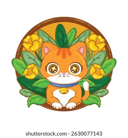 illustration art cute orange cat and leaves sticker design