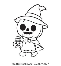 illustration art cute pumpkin character holding pumpkin bucket for treat or trick