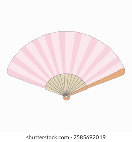 Illustration art of folded hand fan made of soft pink silk with no patterns or engravings, elegantly displayed on a white background.