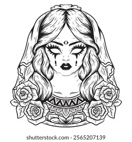 illustration art girl in bride dress with flower engraving ornament tattoo and t-shirt design 