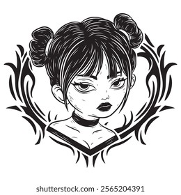 illustration art girl with pig tail bun and engraving love ornament in monochrome style tattoo