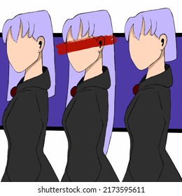 Illustration art of a girl without a face with different purple hair in black clothes