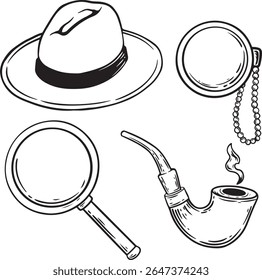 illustration art hand drawn balck and white detective stuff set bunddle design