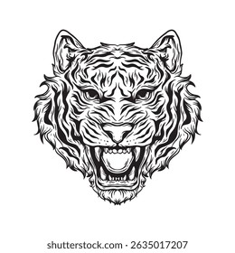 illustration art hand drawn black and white mad tiger head tatoo and t-shirt design