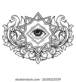 illustration art hand drawn black and white one eye pentagram with engraving ornament tattoo logo and t-shirt design
