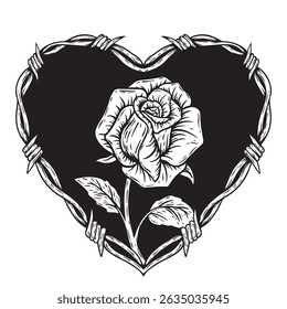 illustration art hand drawn black and white barbed wire love frame with rose tattoo and t-shirt design