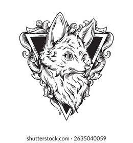 illustration art hand drawn black and white fox with engraving frame ornament tattoo an t-shirt design